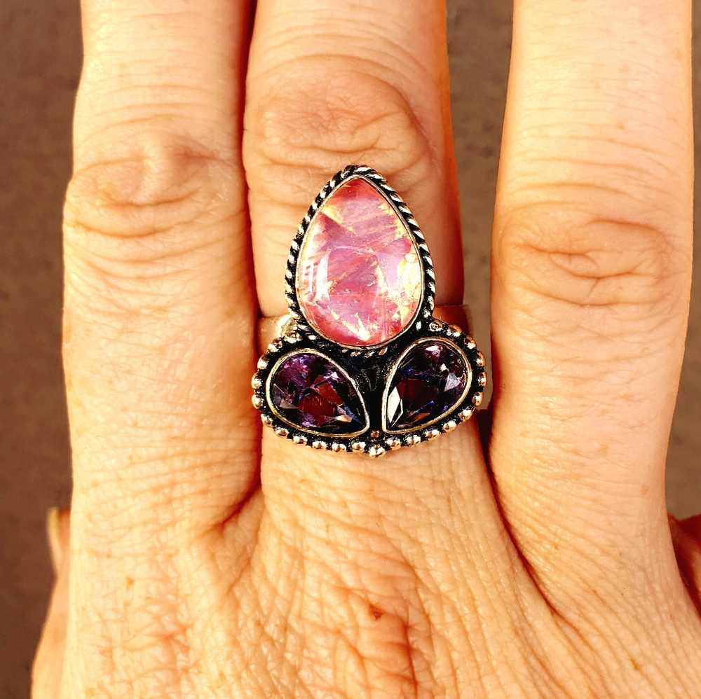 New Triplet Opal & Amethyst 925 Silver Ring.